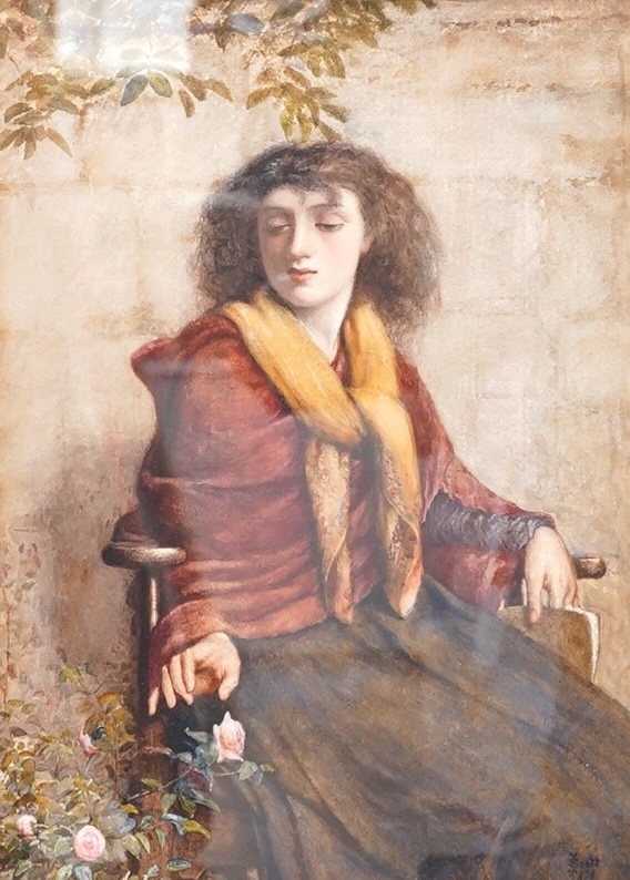 John Scott RI ROI RBA (1850-1918), 'Convalescent', signed and dated 1876, Pre-Raphaelite watercolour, 38 x 27cm